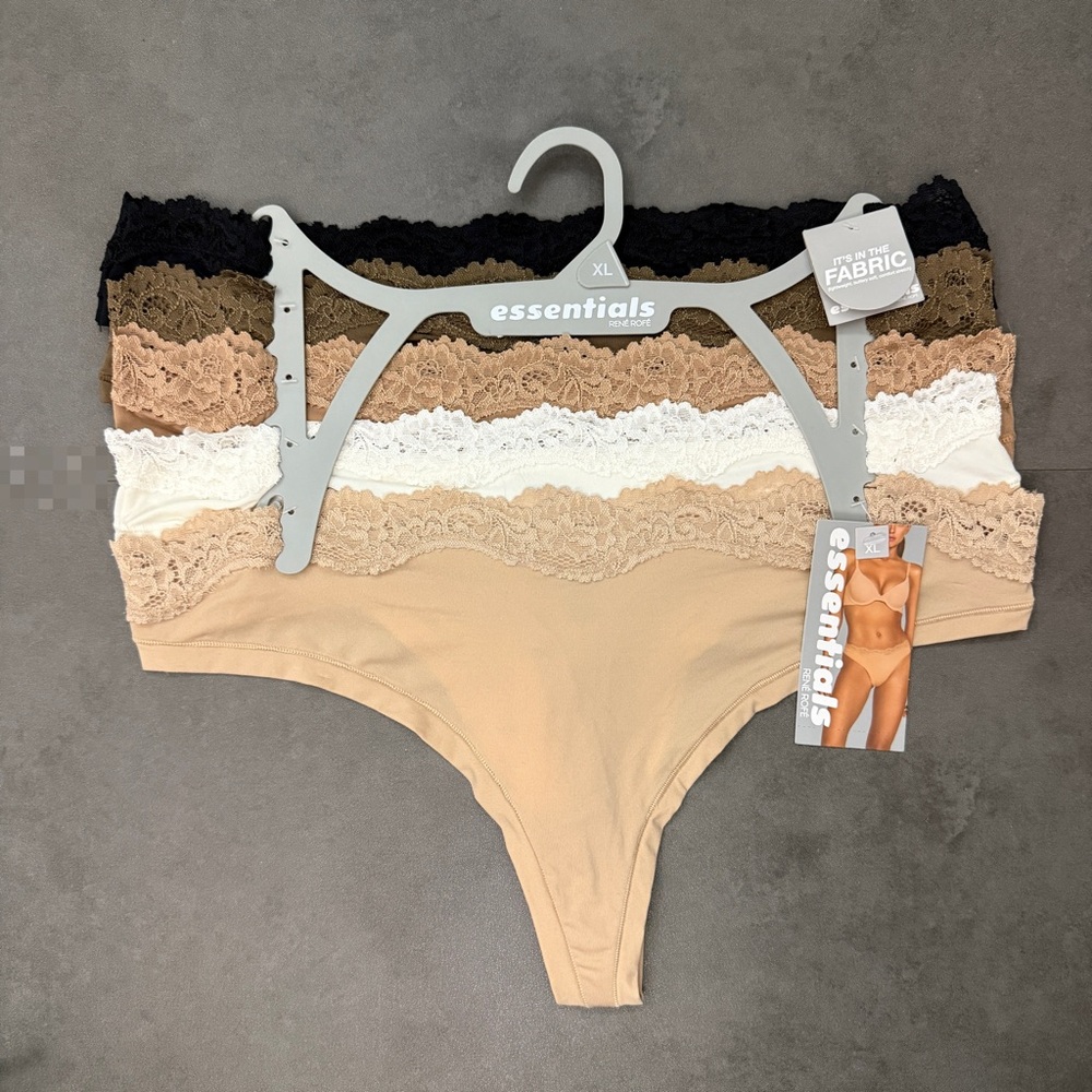 René Rofé Essentials Lace Trim Thongs in Nude Variety‎ Set of 5